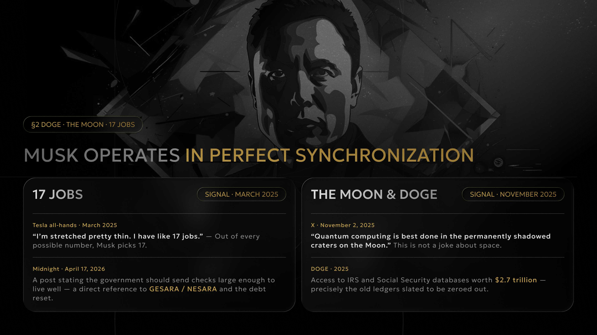Musk operates in perfect synchronization